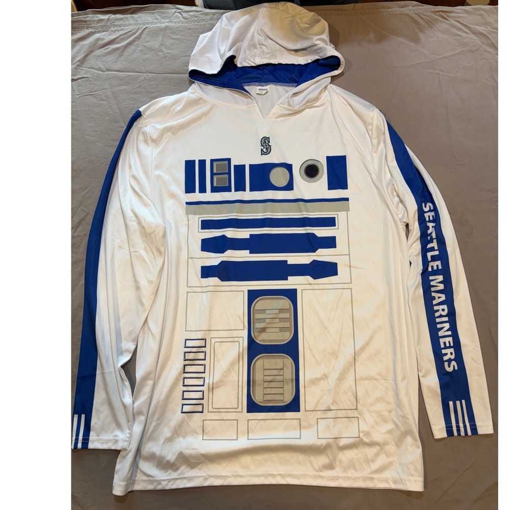 Seattle Mariners Star Wars Night R2-D2 Hoodie Shirt Mens Large White Blue MLB